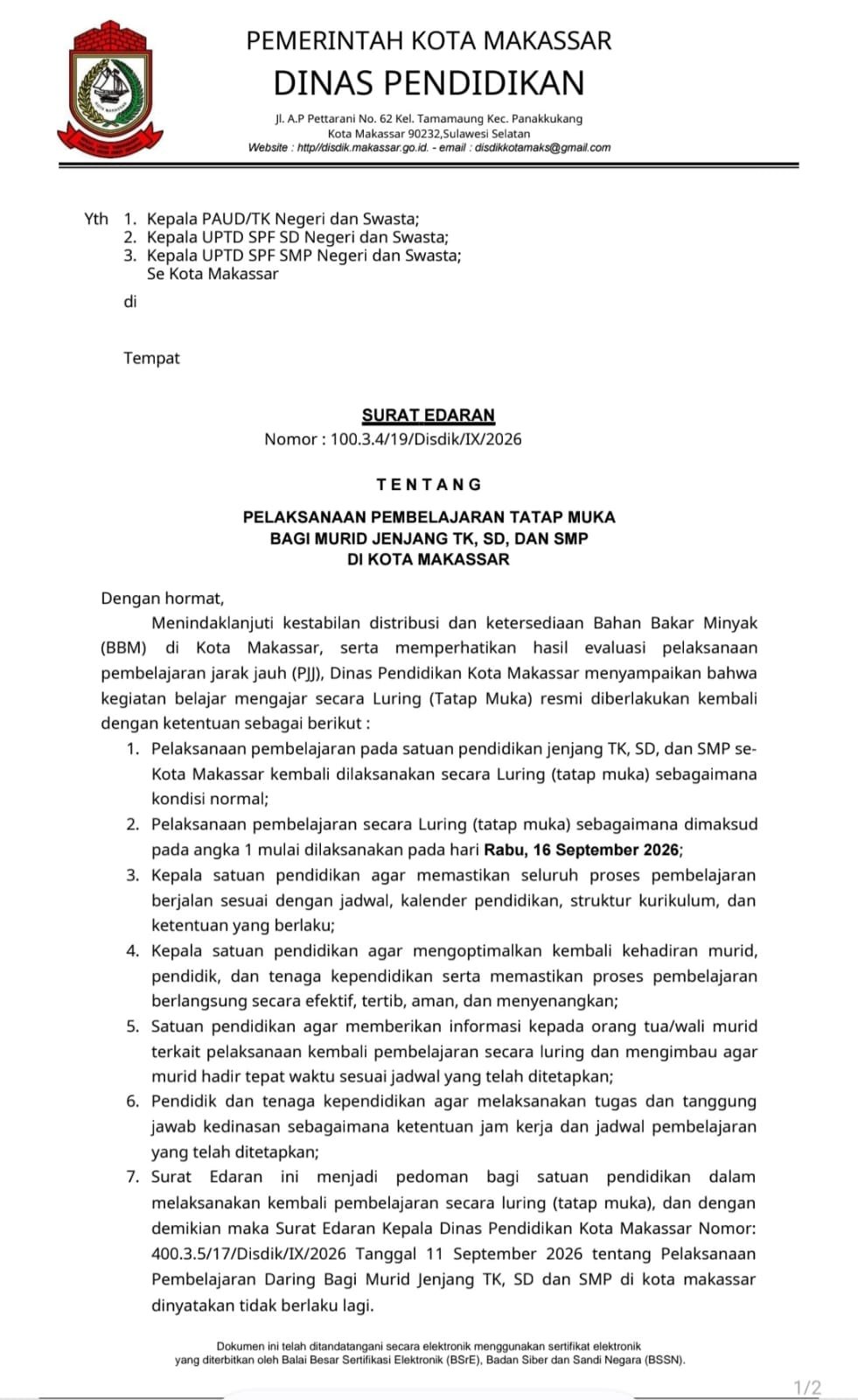 Pemkot Makassar Kembali Berlakukan Pembelajaran Tatap Muka Mulai 16 September 2026